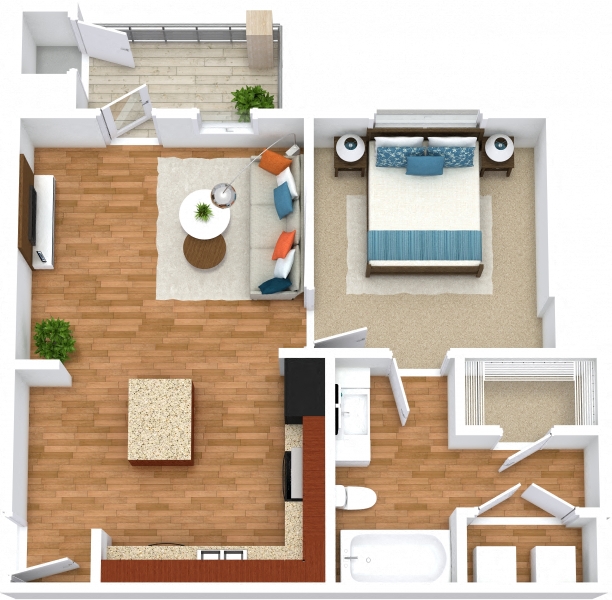Floor plan for 1 bed, 1 bath, 633 sqft